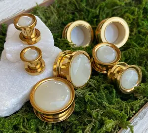PAIR of Stunning Synthetic White Pearl Gold Screw Fit Tunnels/Plugs - Gauges 2g (6mm) thru 5/8" (16mm)