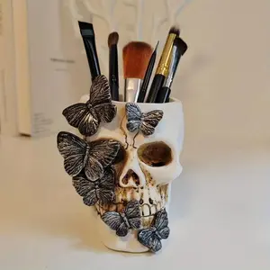 Creative Butterfly Skull Pen Holder - Resin Craft Desk Organizer, Desk Organizer Tidy, Stationery Organizer, Home Decor & Tabletop Ornament, Perfect Gift for Halloween & Valentine's Day, Ideal for Study Library Office Desk Accessories