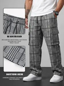 Plus-size unisex plaid long pants, casual loose wide-leg design; retro straight cut with large utility pockets, breathable, soft, and comfortable; a stylish piece for all seasons, suitable for everyday wear.