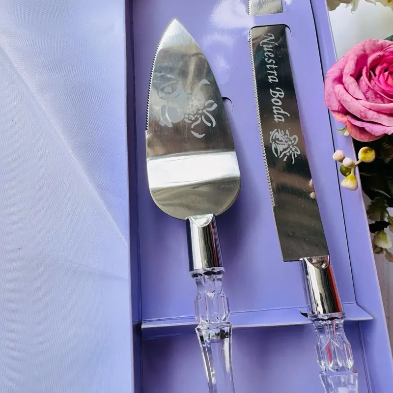 Cake Knife and Server Set, Cake Cutter and Pie Spatula, Cake Server and Knife Set of 2 with Crystal Handles, 1.2mm Thick Blades, Cutting Set, and Parties (Crystal Silver)