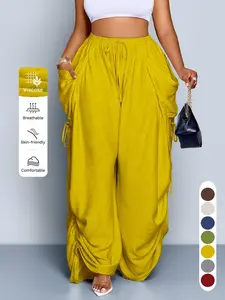 Plus Size Solid Color Knotted Pocket Casual Loose Pants All Season