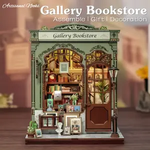 DIY Book Nook Kit Miniature Model, Wooden Dollhouse with LED Light Decorative Bookshelf, Home Decor for Gallery Bookstore Assemble, Halloween Festival Gift, LED Light Feature[Gallery Bookstore]
