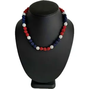 Iced Bling Disco Ball Rhinestone Crystal Bead Baseball Necklace Navy Blue, Red, White