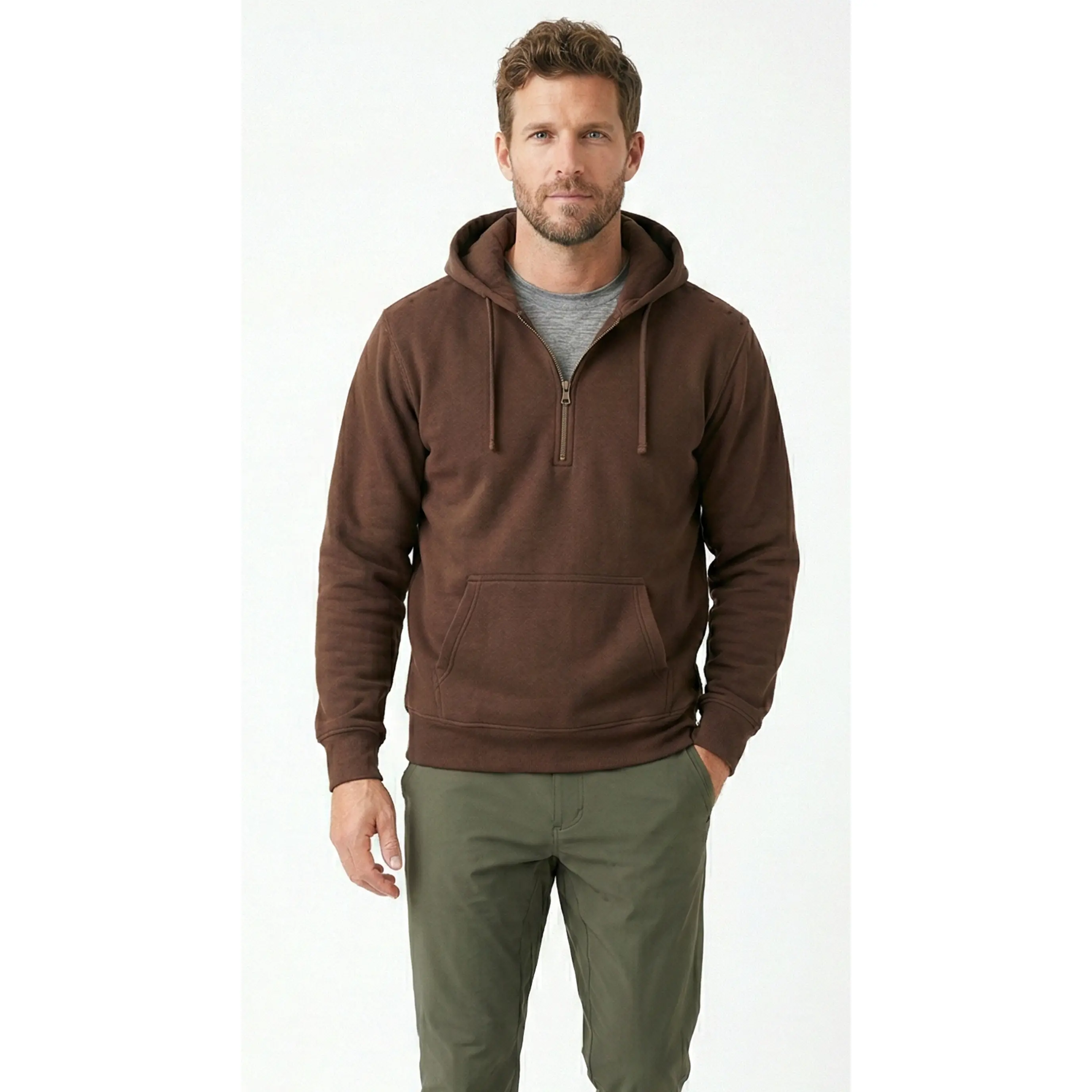 Women's Retro Plaid Cotton-Blend Oversized Half-Zip Longsleeve Hoodie Top - Unisex, Cocoa, Kangaroo Pocket, Outdoor Casual, Chunky Hem, Cargo Pants-Inspired Design, Slouchy Drop Shoulder, All-Season Clothes, XL Universal Fit, Sweatshirts