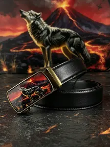 “Volcano Wolf” pattern alloy automatic buckle belt, 3.5cm/1.38in wide fashionable ratchet belt, suitable for daily commuting, parties, dances, and holiday gifts.