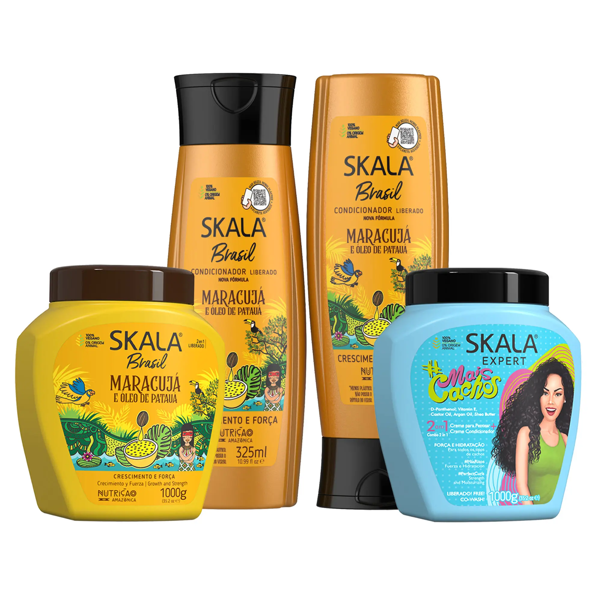 [Mother's Day Special] Skala Viral Hair Care Kit – 4-Piece Set: Maracujá Shampoo & Conditioner 250ml, Blue Mais Cachos Hair Cream 35.2 oz, Maracujá Hair Cream 35.2 oz Curly Haircare Nourishing Softening Smoothing Silicone Frizz, Moisturizer