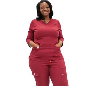 Heart Align Scrubs Classic Scrub Set – Navy/Burgundy Boot Cut Straight Leg Pants & V-Neck Top with 9 Pockets for Healthcare Professionals - Womenswear, Fabric