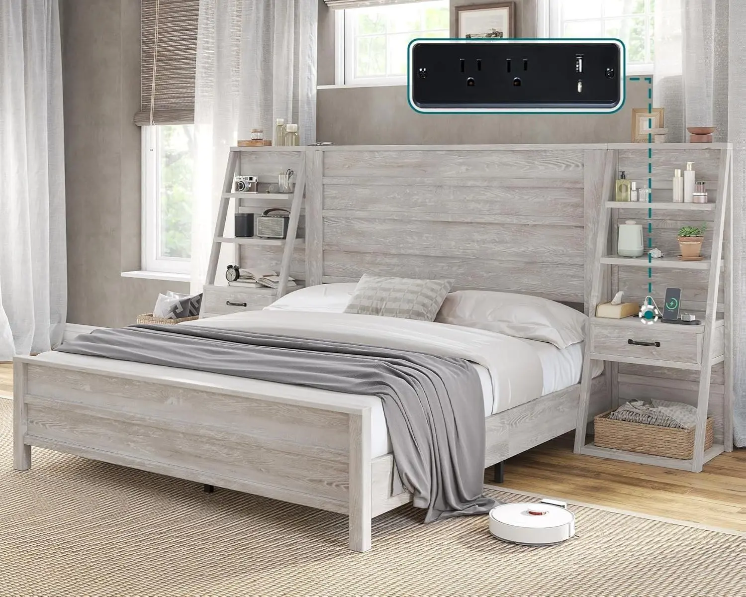 Amerlife Rustic White Farmhouse Wooden Queen Bed Frame - 98" W Headboard, 4-Tier Bookshelves, 2 Drawers, Built-in Charging Station, Noise-Free, No Box Spring Needed, Platform Bed with Built-in Outlets, Wooden Bed Frame, With Drawers Beds