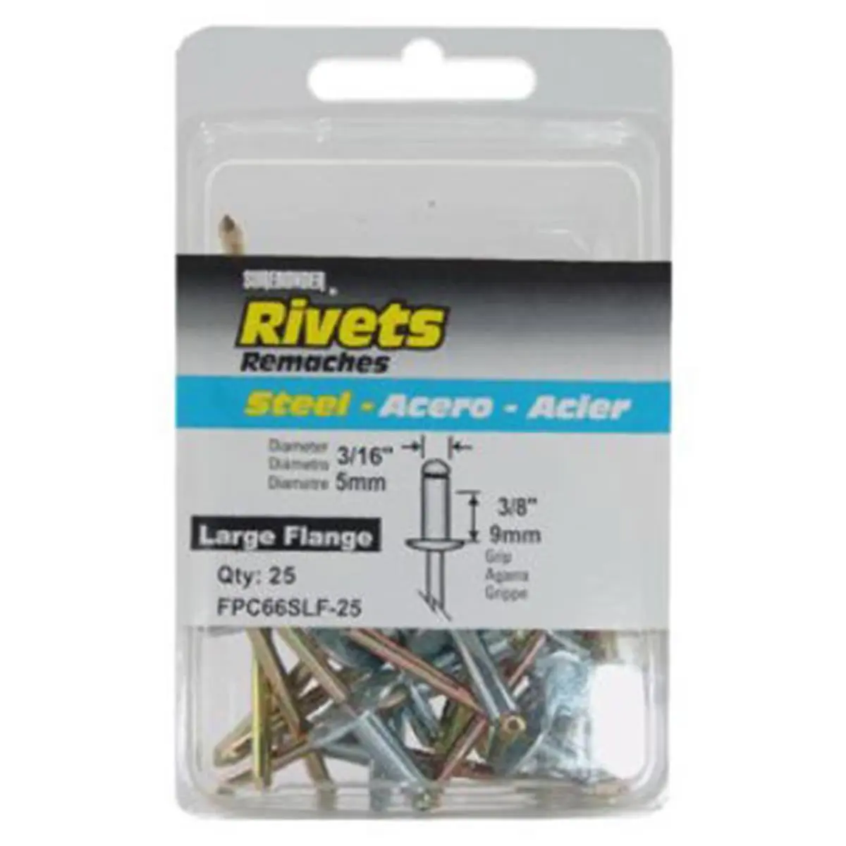 212 MAIN FPC66SLF-25 Surebonder Steel Medium-Large Flanged Head Rivets, 25-Pack with Mandrel Steel, 0.251–0.375" Grip Range for Sailing, Water Sports