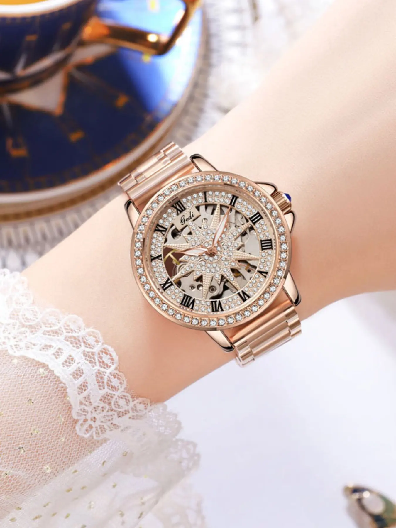 Full Moon Automatic Mechanical Watch, Vintage Luxurious Hollow Out Women's Watch, Waterproof High Aesthetic Casual Sporty Wristwatch, Water Resistant Wristwatch