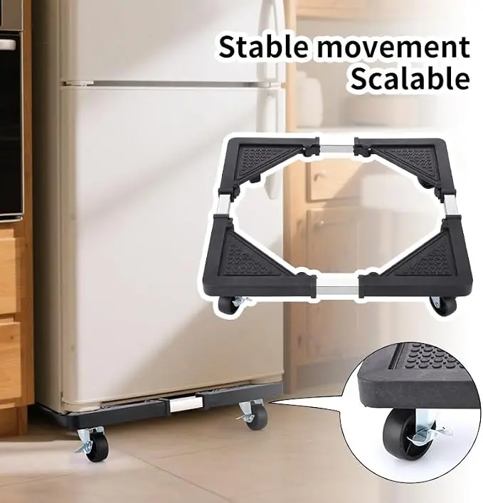 Washing machine stand with wheels, adjustable base for washing machines and dryers, heavy-duty appliance stand, suitable for laundry rooms, portable washing machines, and refrigerators.