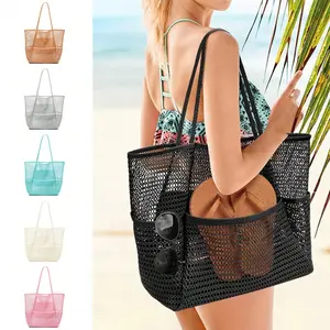Mesh Beach Bag, Handheld Bag Purse Tote Bag, Large Capacity Foldable Mesh Swim Bag With Pocket, Bath Swimming Toiletries Storage Bag, Beach And Seaside Entertainment Storage Tote Bag. One Shoulder Tote Bag, Square Bag Mesh Carrying Bag Handbag Tote Bag,su