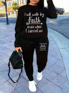 Women's Lounge Tracksuits Set-2pcs Oversized Faith-Inspired Bible Verse Sweatshirt & Jogger Pants Set Soft Round Neck Casual Athletic Wear Solid Black Christian Outfit with Walk By Faith Print Comfortable Winter Clothing