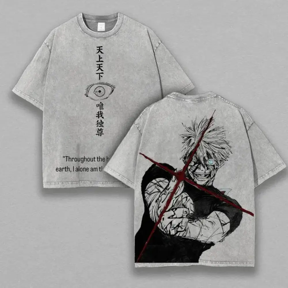 Retro Heavy Gojo Satoru Red Technique Ver.3 THE HONORED ONE Jujutsu Kaisen Anime Double Printed Vintage Washed Tee Unisex Oversize Anime Manga Washed Heavyweight Cotton T-shirt Japanese Streetwear Graphic Casual Tee for Anime Fans