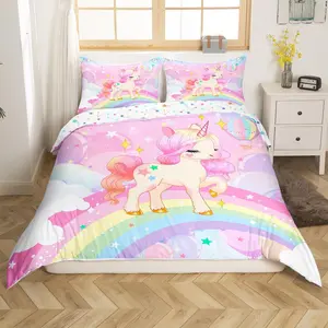Unicorn Quilt Cover,Kawaii Cute Rainbow Unicorn Duvet Cover,Cartoon Horse Galaxy Magical Pink Unicorn Animal Bedspread Cover,No Comforter