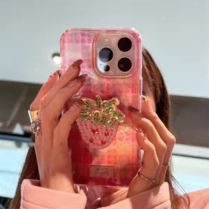 Phone case suitable for iPhone | Glacier pattern Pink green grid pattern | Strawberry bead holder | Best friend gift |  11 12 13 14 15 16 17 Pro Max