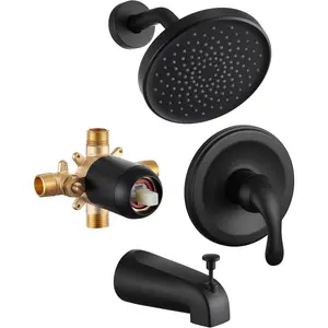 Black Tub Shower Faucet Set with Valve - 6 Inch Black Shower  and Handle Set, High  Bathtub Shower Faucet Set with Rain Shower  and Tub Spout Single-Spray, Matte Black