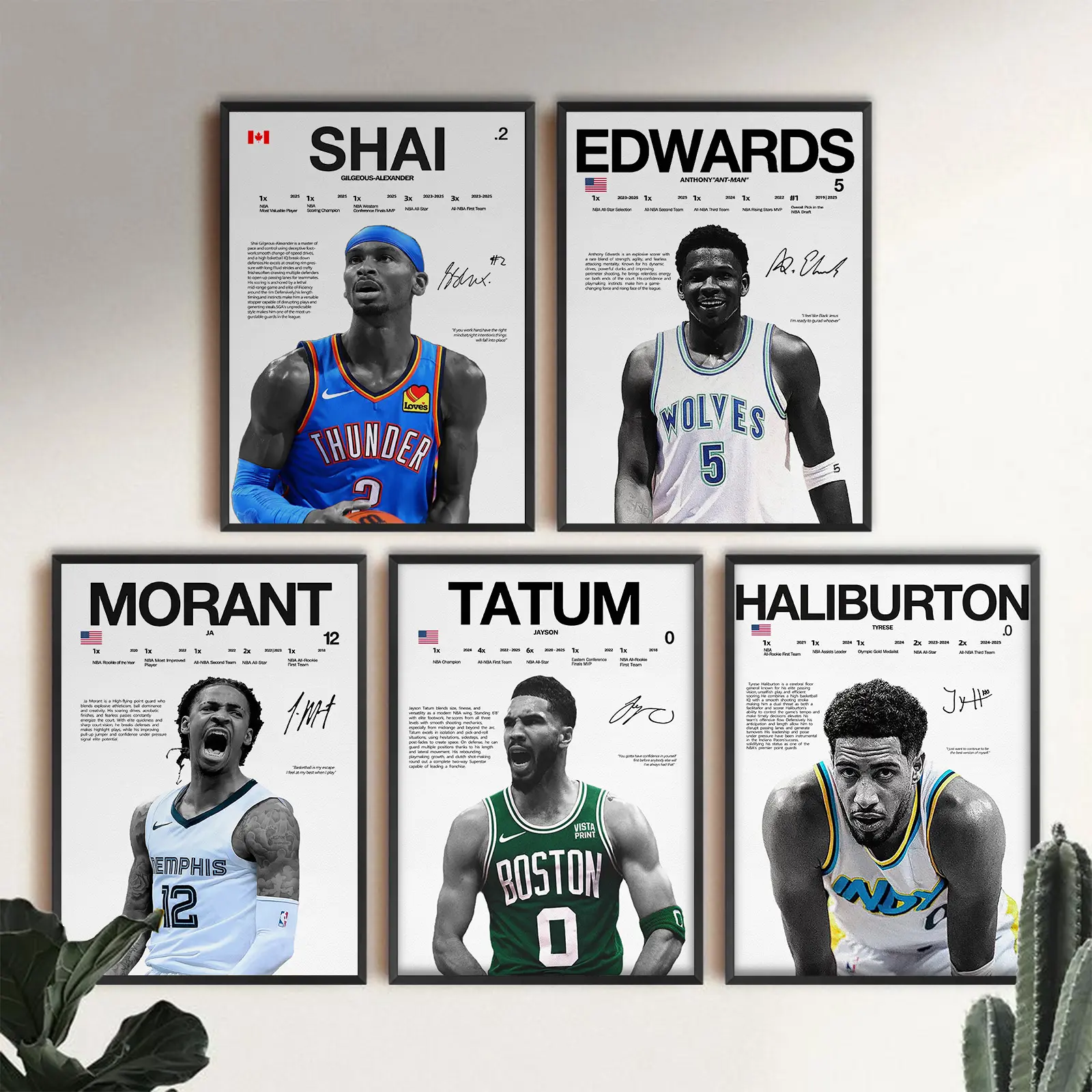 Basketball Player Portraits Print - SGA, Edwards, Morant, Tatum, Haliburton Sports Wall Art, Customizable Multi-Size Home Decor, Office & Man Cave Decor, Gift for Friends