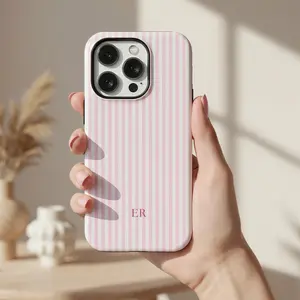 Personalized Preppy Pink Phone Case Custom Monogram Iphone Case Pink Striped Phone Cover, Summer Coastal Iphone Case