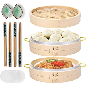 Steamer Basket Set 10 inch Steamer for Cooking, with Side Handles Chopsticks Ceramic Sauce Dishes Paper Liners, for Dim Sum Dumplings Buns Seafoods Rice  Foods