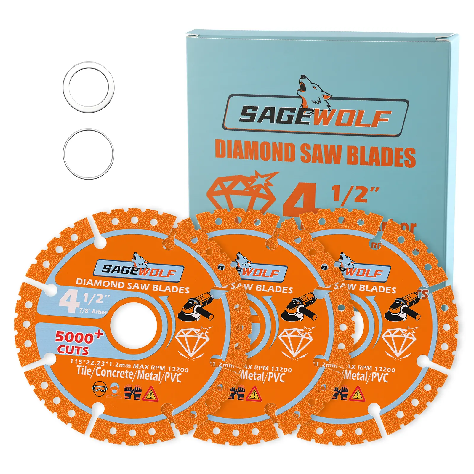 SAGEWOLF 4 1/2 Inch Grinder Diamond Cut Off Wheels Metal Cutting Blade for 7/8 Inch Arbor Angle Grinder Cutting Disc Diamond Grinder Blades on Rebar, Stainless Steel, PVC, Tile, Wood, Iron, 3Pack