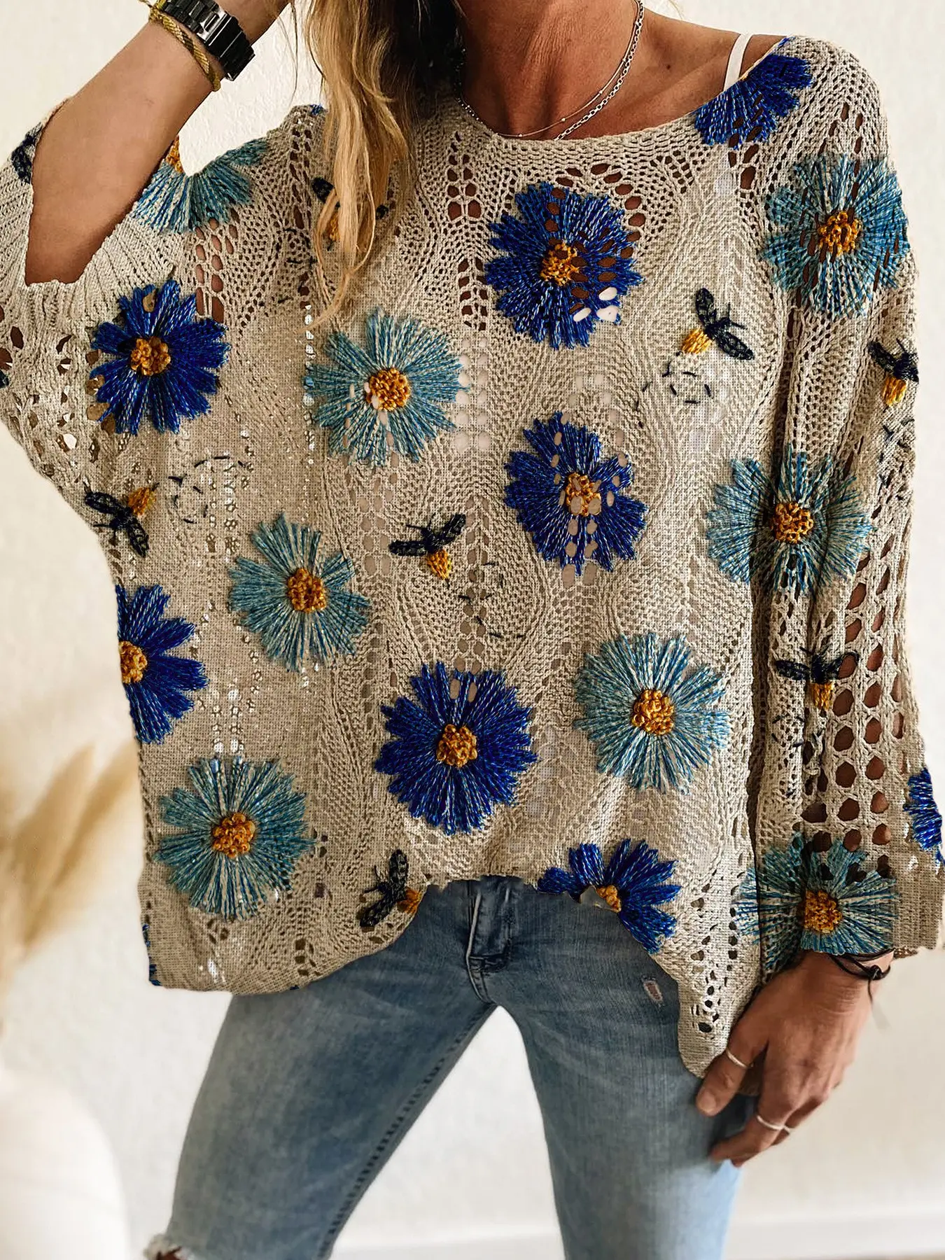 Elegant Women's Floral Print Batwing Sleeve Knit Top, Loose-Fit Knitwear, Ideal for Spring, Summer & Fall, Ladies Casual Fashion Wear