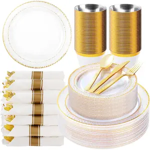 Clear Plastic Plates with Gold Trim 350PCS Disposable Dinnerware Set for 50 Guests Includes 100 Plates 50 Pre Rolled Napkins Gold Silverware & 50 Cups Perfect for Party Wedding