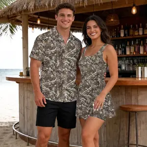 Rustic Hunting Leaf Camo 2026 Vacation Couple Set Dress and Shirt Hawaii, Matching Apparel For Men Women, Outdoor Summer Trip Getaway | 020426.R0732.ID01