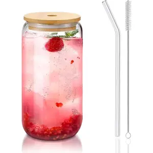 1Pack 16 Oz Glass Cups with Lids Straws and Bamboo Lid 1 Cleaning Brush for Iced Coffee Smoothie Cocktail Beer Whiskey Soda Matcha