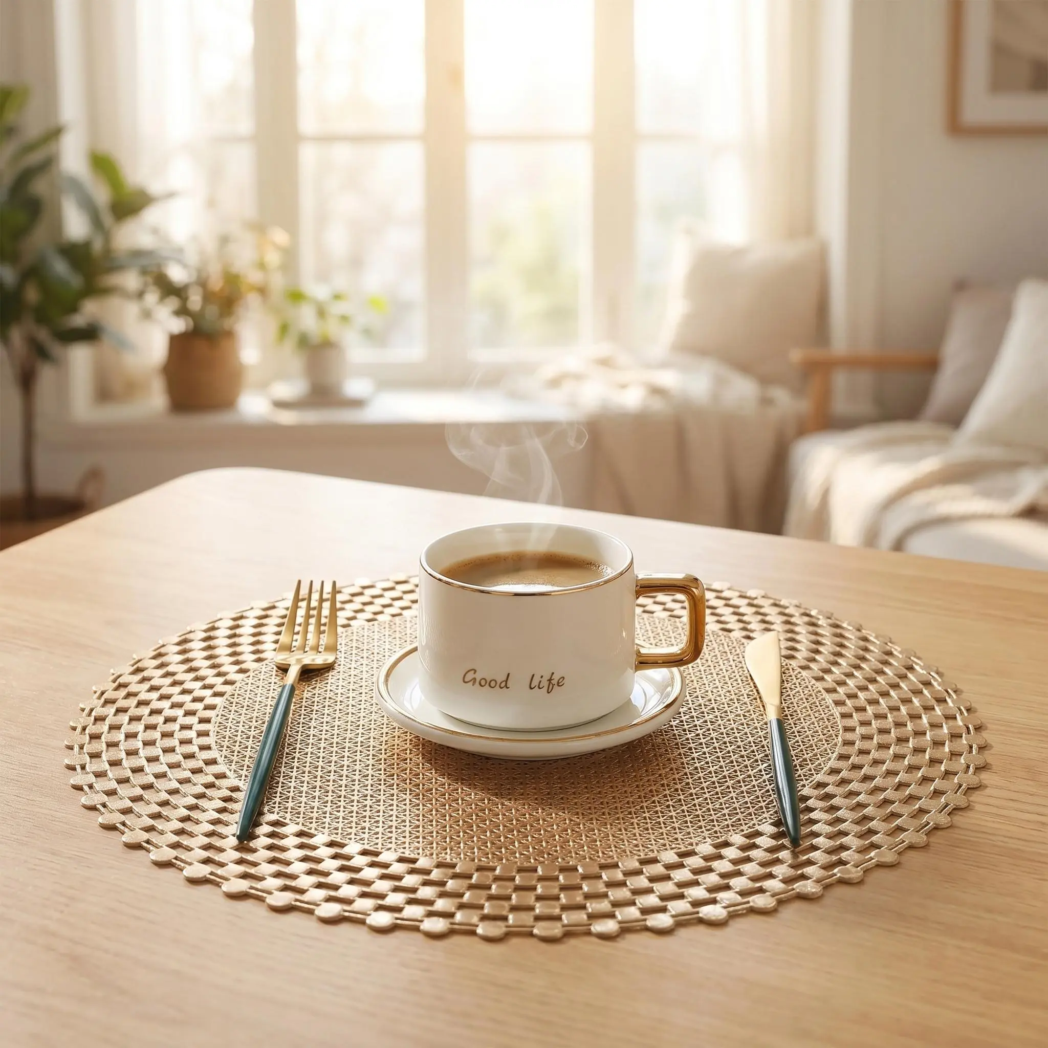 Gold Solid PVC Round Classic Placemats - Waterproof, Heat-Resistant Table Protectors for Party, Wedding, Anniversary Dining