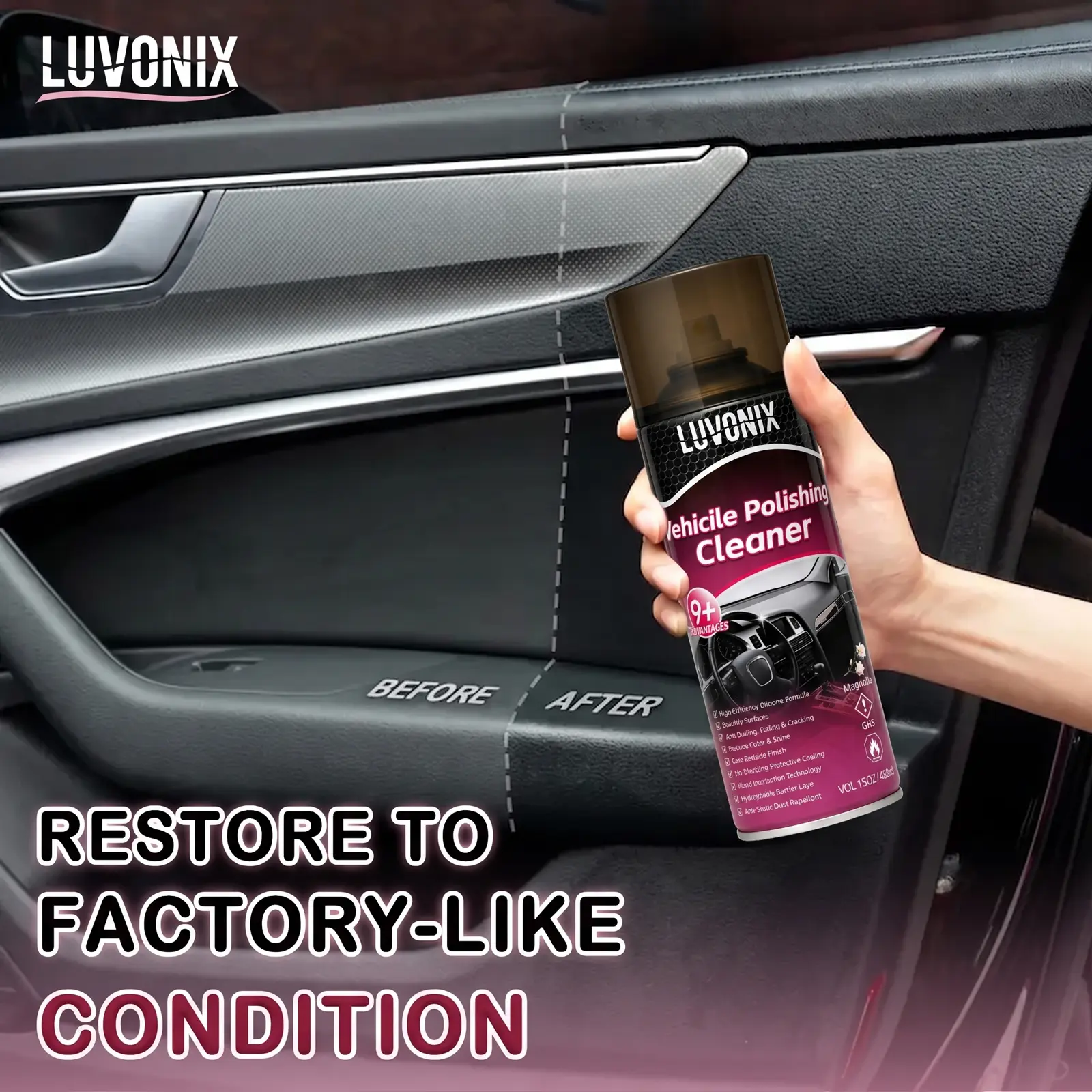 LUVONIX Car Interior Cleaner & Detailer Spray (15 oz) - Ultimate UV Protectant for Dashboard, Leather, Plastic, Rubber & Vinyl. Quick Detail Auto Care Restorer for Interiors & Exteriors. Durable Glossy Shine