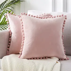 Top Finel Blush Pink Decorative Throw Pillow Covers for Couch Bed 20x20 Soft Velvet Pillow Coveres Set of 2 Cute Square Cushion Covers with Pom-poms for Bedroom Livingroom Aesthetic Home Decor