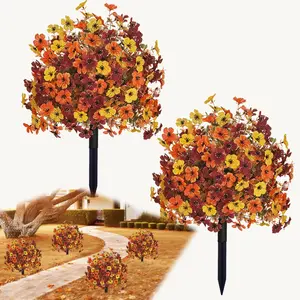Fall Artificial Mums Topiary Ball Tree, Set of 2 Fake Boxwood Balls, UV Resistant Faux Shrubs, Realistic for Potted Front Porch Decor, Artificial Plant Trees, Decorative Fake Plant, Ball Shaped Trees, Decoration, Artificial Fake Plants