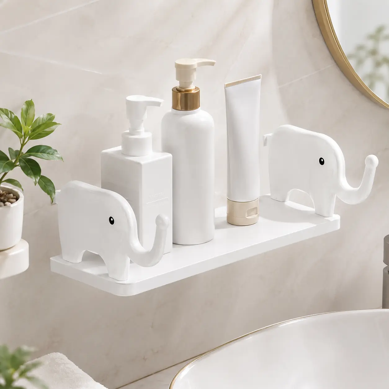 Cute Elephant Wall Shelf ,Waterproof Adhesive Wall Organizer, No-Drill Bathroom & Home Storage Rack, Space-Saving Decor Shelf（White）dealsforyou summerwins, Shelves, Kitchen, Adhesive Wall Hooks Racks