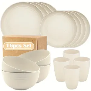 MIUVA Wheat Straw Tableware Set 16-Piece Lightweight Reusable Dinnerware with 8 Plates 4 Bowls 4 Cups BPA-Free Sustainable Cutlery for Home Kitchen Outdoor Parties Tableware Sets Stock Up Value Pack Valentine's Day gift Christmas Gift Tableware Sets