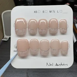 Handmade Nude Silver Glitter French Press On Nails | Marble Texture Fake Nails | Minimalist Nail Art 10PCS