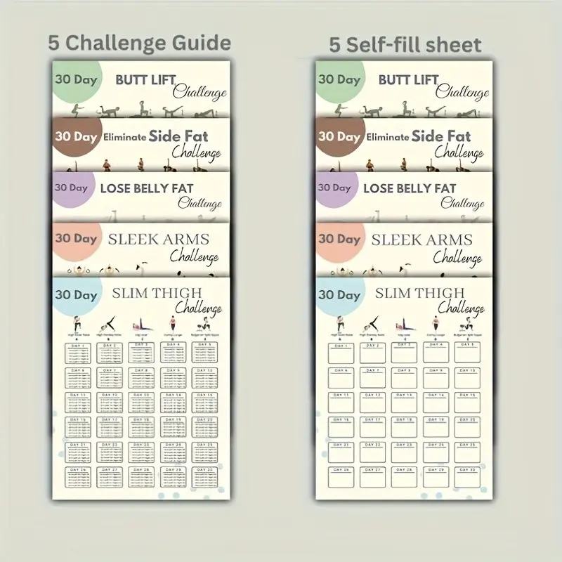 30-Day Home Workout Challenge Poster Bundle Progress Motivation | 10pcs Fitness Plan Tracking for Arms, Thigh, Butt, Belly Fat & Side Fat Toning