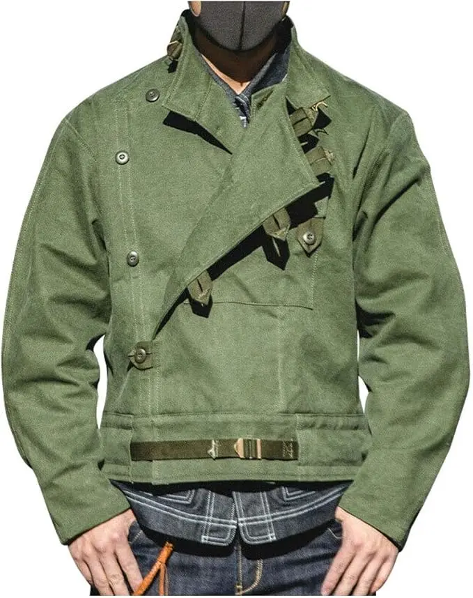 Men’s Tactical Green Military Jacket – Heavy-Duty Canvas Combat Coat with Asymmetrical Closure Menswear Tops Casual Cotton