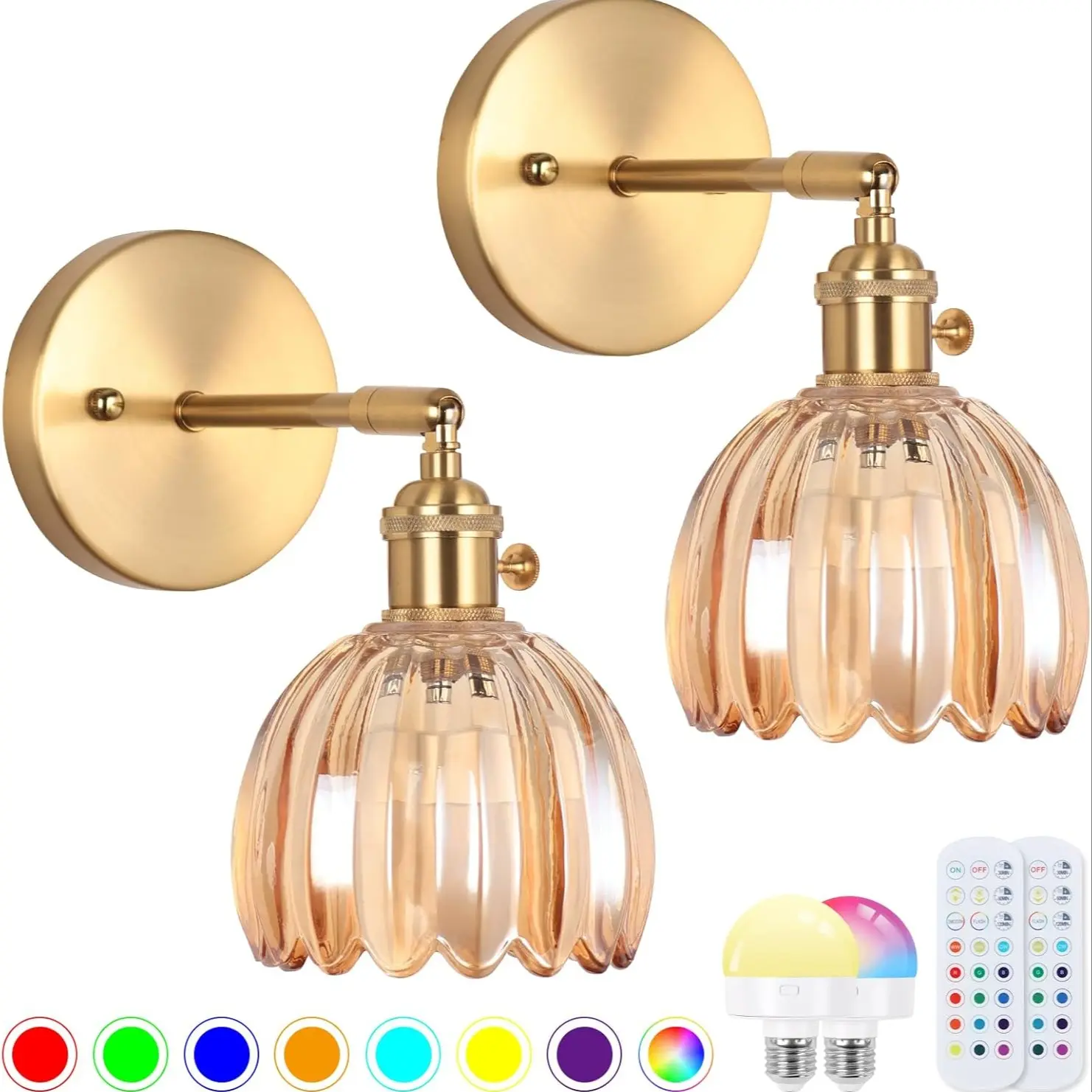 2 pieces of glass wall mounted lights with RGB rechargeable light bulbs, equipped with remote control dimming tulip glass lampshades, suitable for bedroom, living room, bedside lamp and home decoration