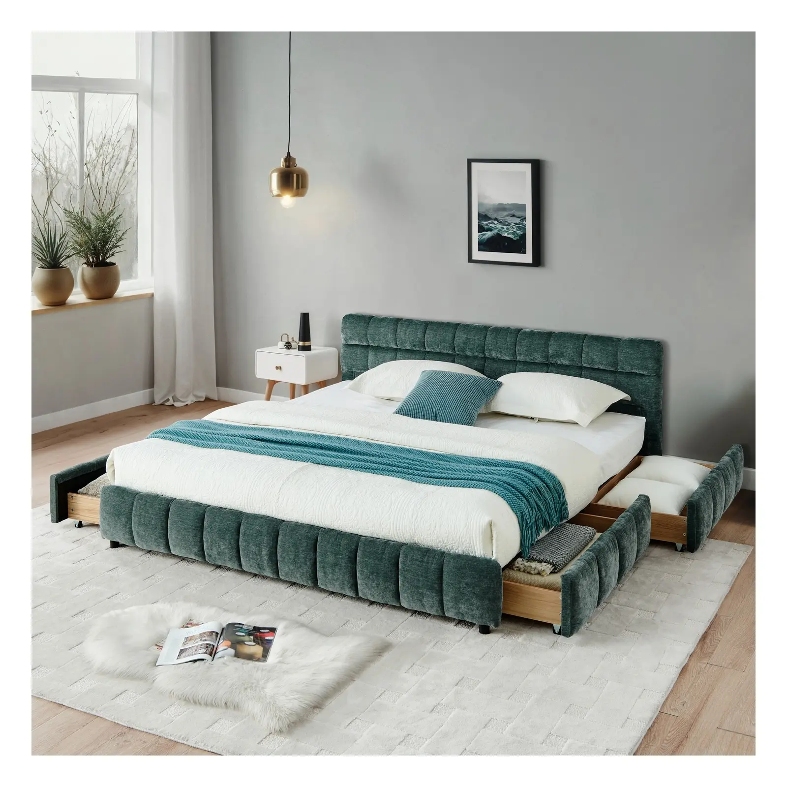 California King Chenille Upholstered Platform Bed Frame with Storage Drawers and Headboard, Beige/Pink/Blue/Green
