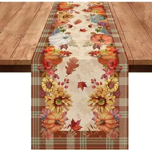 Fall Table Runner Autumn 72 Inches Long x 13 Burlap Linen Home Kitchen Decor Pumpkin Sunflower Leaves Buffalo Plaid Check Seasonal Coffee Dining Rustic Farmhouse Red Orange Yelllow Fall Table Runners