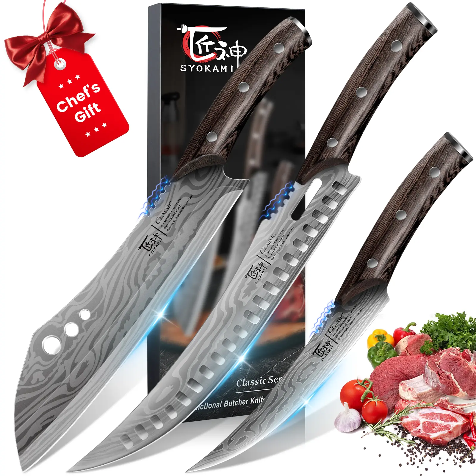【DealsForYouDays】 SYOKAMI 3PCS Butcher Knife Set, Kitchen Knife for Meat Cutting, Cleaver, Breaking & Boning Knife, Japanese Style High Carbon Steel Kitchen Knife for Chopping, Slicing, Deboning, House Warming Gifts for Mother's Day