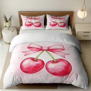 3PCS Duvet Cover Set, 1 Duvet+2 Pillowcases(Without filler), Cherry Bow Pink Cute Romantic theme, Valentine's bedding set, Decorative Cherry Print Suitable for decoration Bedroom, Living Room, Guest Room, Dormitory, Themed Bedding