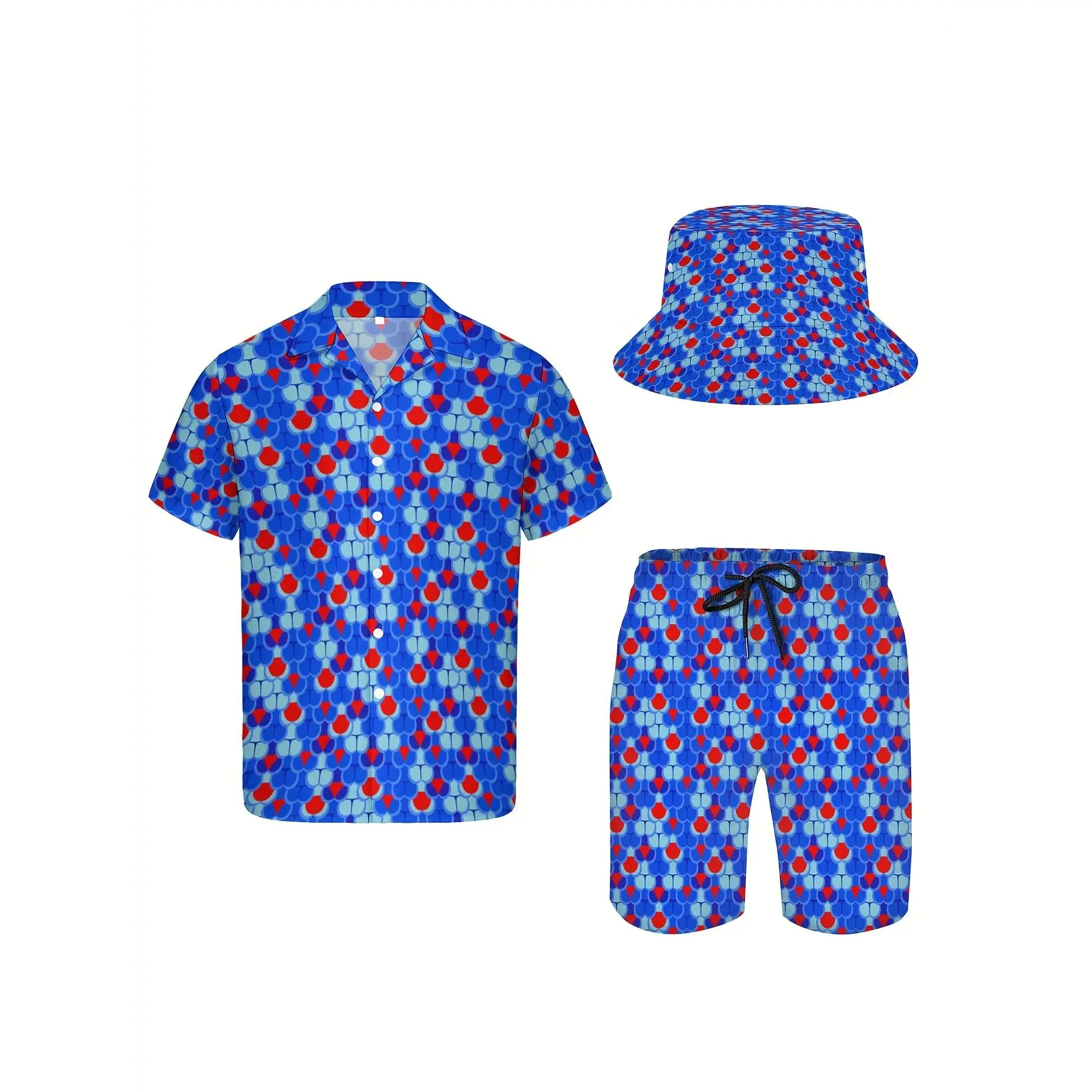 Men's 3-Piece Retro Menswear Suit - Tropical Woven Short-Sleeve Collared Shirt, Shorts, Fisherman Hat, Blue 80s Shiny Soft Polyester Casual Beach Outfit, Patchwork Print, Multi-Size