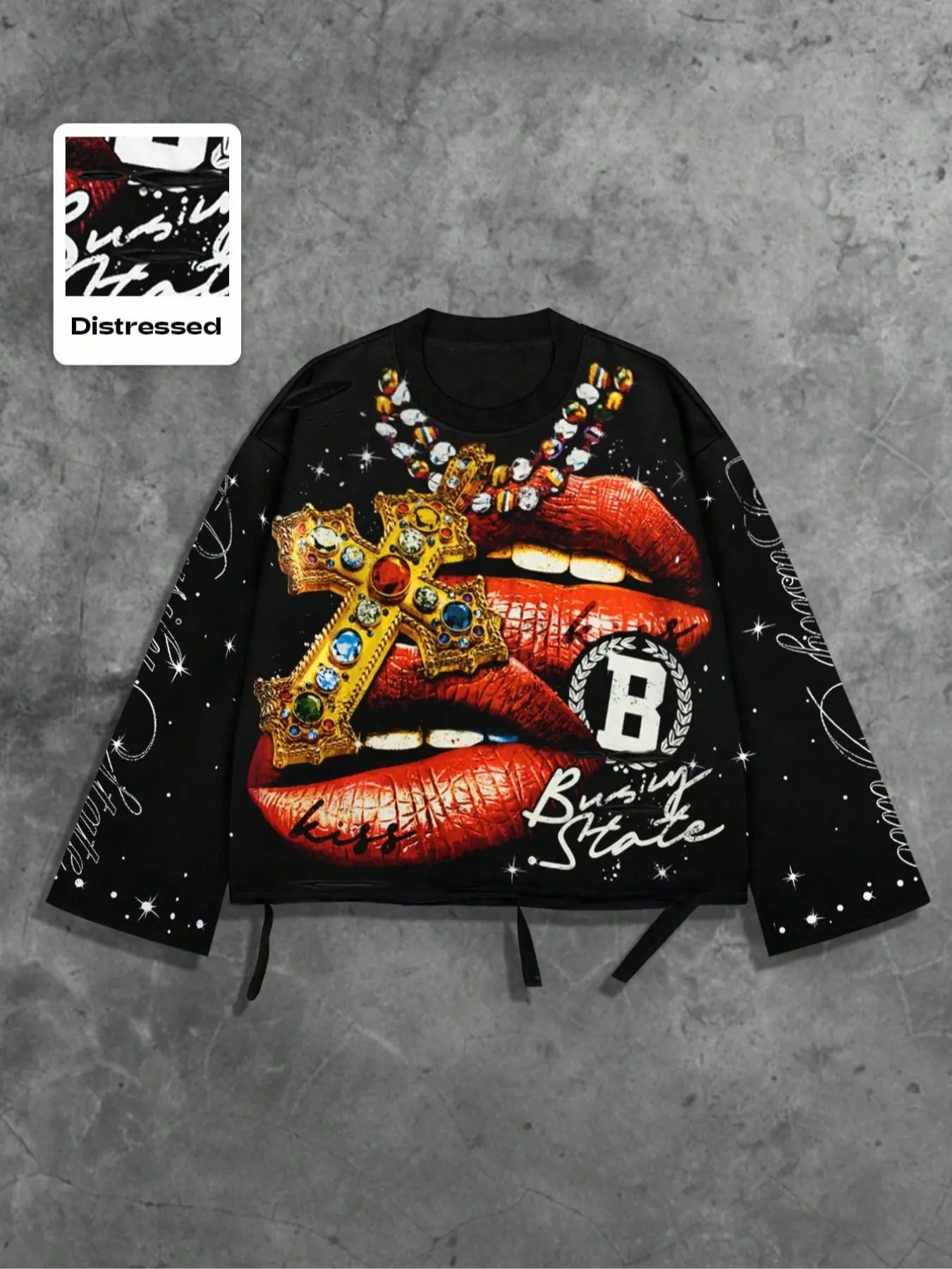 Men's Vintage Street Style Saint Graphic Print Long Sleeve Round Neck T-Shirt, Loose-Fitting Short Fit, Fall 2000s Fashion, Streetwear, Cropped