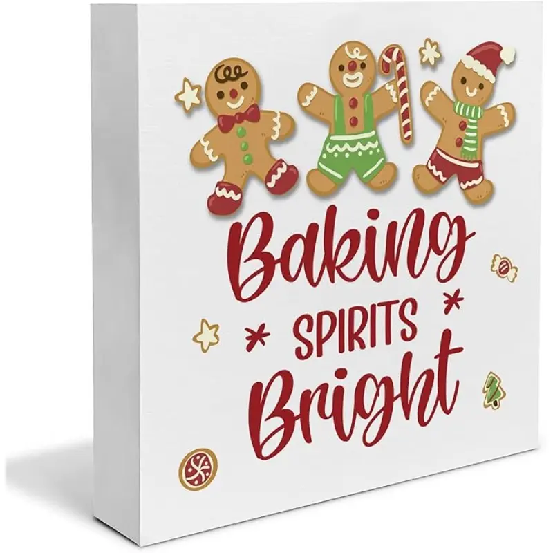 Christmas Halloween Decoration Gifts，Gingerbread Decor, Winter Tiered Tray Decor, Baking Spirits Bright Wooden Block Sign 5 X 5 Inches, Christmas Xmas Baking Decorations for Kitchen Dining Room Table