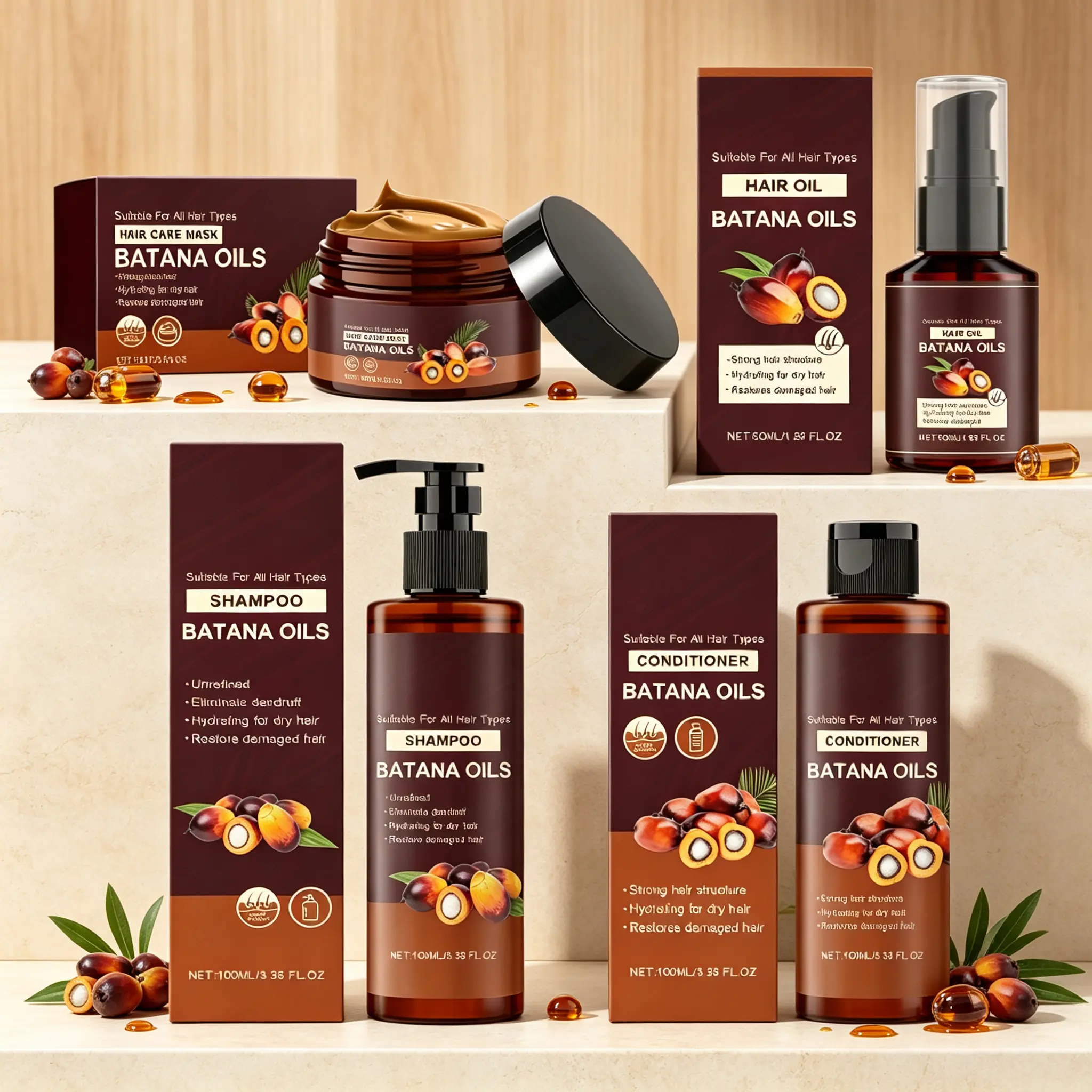 Batana Oil Shampoo & Conditioner Set with Hair Mask & Oil – Deeply Nourishes Dry Hair, Supports Stronger Healthier Hair 100ml
