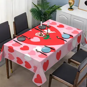 Pink Base Heart Rose Cupid Rectangular Tablecloth, Sweet Romantic Patchwork, Ideal for Valentine's Day - Polyester Table Cover, Table Accessories, Dining Textile, Home & Kitchen Supplies, Ideal for Events, Weddings, Banquets, Gatherings, Outdoor Parties
