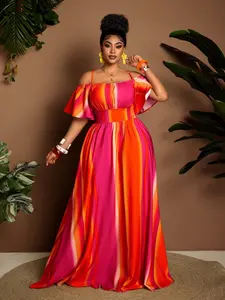 Plus Size Women's Gradient Striped One Shoulder Ruffle Dress, Waist Cinching Slimming Floor-Length Gown