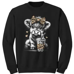 Cute Leopard Bow Highland Cow Graphic T-Shirt | Premium 100% Cotton Heavyweight Loose Fit Tee | Aesthetic Valentine's Day Gift for Her 2026 | Soft Breathable Casual Coffee Lover Apparel | Vintage Oversized Cow Print Streetwear